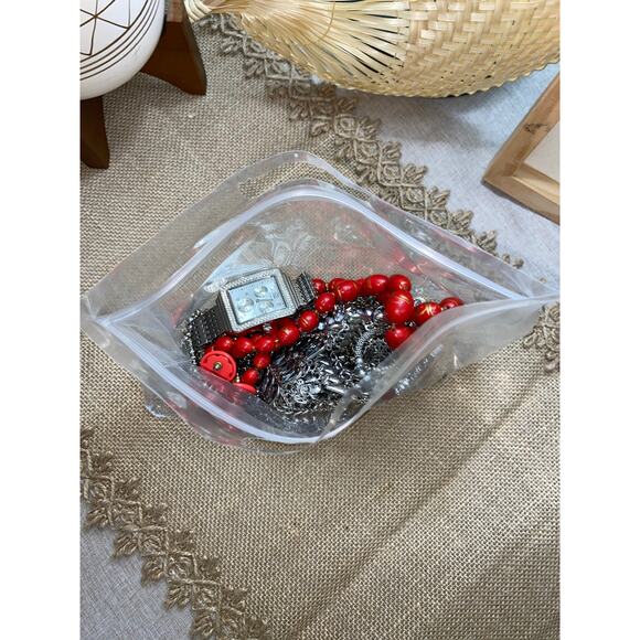 Mystery Jewelry Jar Bag Mostly Silver Tone & Red Costume Jewelry Most Preowned - Picture 3 of 4